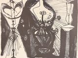 un dessin en noir et blanc représentant un vase et une lampe