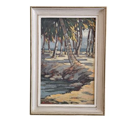 une peinture à l'huile représentant une scène de plage avec des palmiers et de l'eau