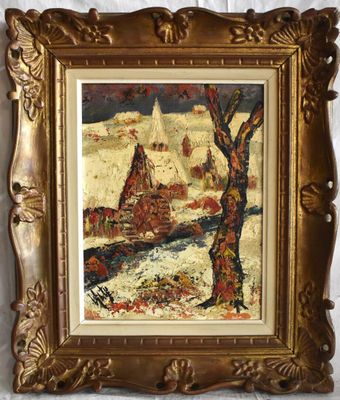 a painting of a house in a snowy landscape with a tree in the foreground