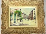 an oil painting of a street scene with people walking down the street