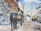un tableau représentant un cheval tirant une calèche dans la rue