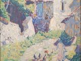 une peinture à l'huile représentant une scène de ferme avec des poules au premier plan