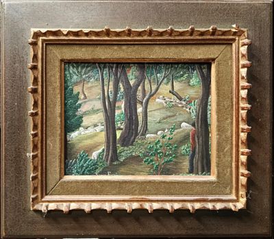 un tableau représentant des moutons paissant dans une zone boisée