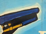 painting of a police officer and a dog on a blue background