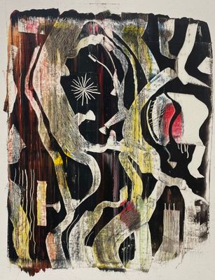 une image représentant une peinture en noir et blanc sur laquelle figure une fleur rouge