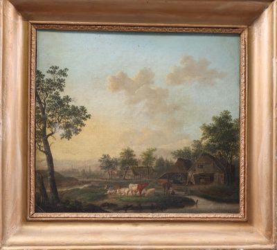 une peinture à l'huile représentant une scène de vie à la ferme avec des vaches dans un pâturage