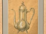 painting of a silver teapot with a bird on top of it