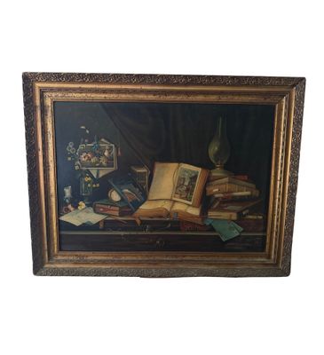 tableau représentant une nature morte avec des livres et un vase posés sur une table