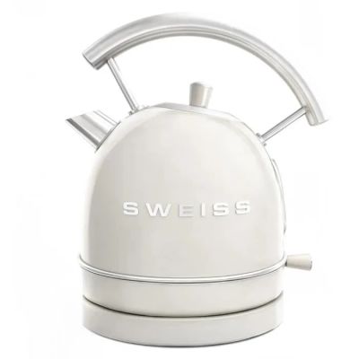 une bouilloire blanche sur laquelle est inscrit le mot « Swiss »