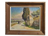 une peinture à l'huile représentant un homme marchant sur une route devant un bâtiment en pierre