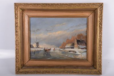 une peinture à l'huile représentant des bateaux sur une rivière, avec une maison en arrière-plan