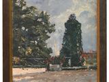 une peinture à l'huile représentant une scène de parc avec des arbres et des personnes