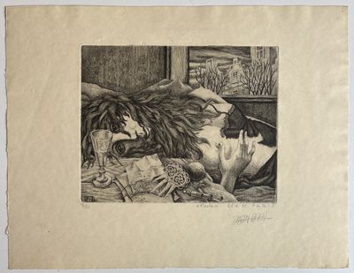 un dessin représentant une femme allongée sur un lit avec un chat