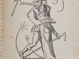 an old book with a drawing of a woman holding a bird