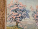 a painting of two trees on a hill with a sky background