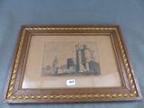 une vieille photo représentant une ville avec une tour horloge