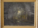 an oil painting of a forest scene with trees in the foreground
