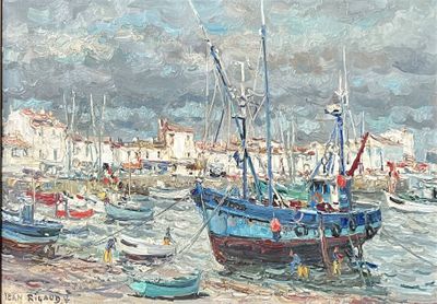 une peinture représentant un bateau dans l'eau avec d'autres bateaux dans l'eau