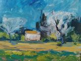 une peinture à l'huile représentant une maison dans un champ avec des arbres en arrière-plan