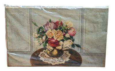 une peinture représentant un vase de fleurs sur une table
