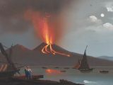 un tableau représentant un bateau sur l'eau, avec un volcan en arrière-plan