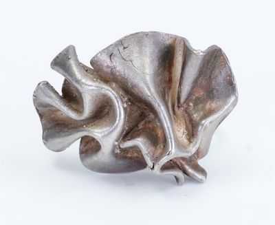 a silver sculpture of a shell on a white surface