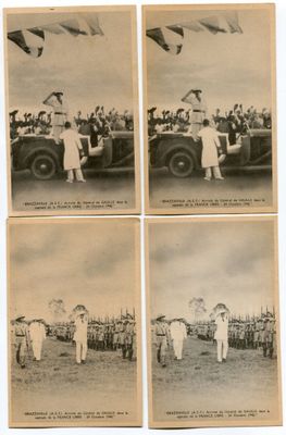 four old black and white photos of people standing in front of a car
