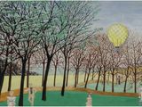 a painting of a hot air balloon flying over a park