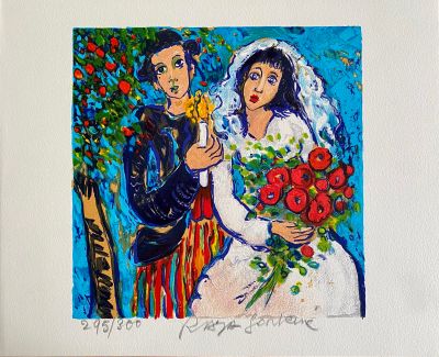 un tableau représentant un homme et une femme tenant des fleurs
