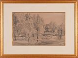 a drawing of a landscape with trees and a bench in the foreground