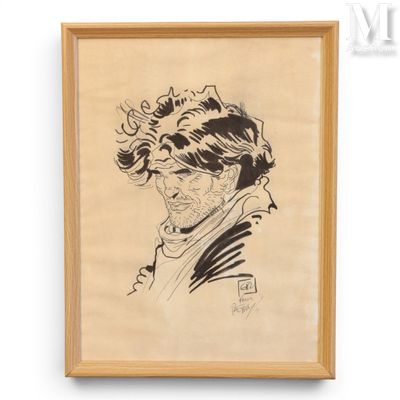un dessin en noir et blanc représentant le visage d'un homme, dans un cadre en bois