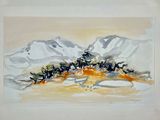 a picture of a painting of a mountain range