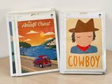 two cards with a picture of a cowboy and a car on them