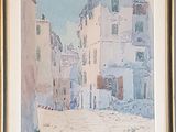 peinture d'une scène de rue avec des bâtiments et une personne marchant dans la rue