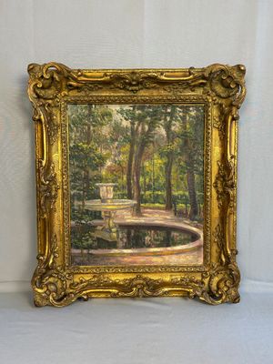 a picture of a painting of a fountain in a park