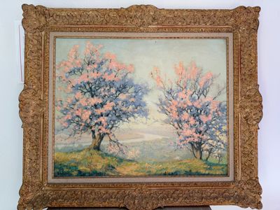 a painting of two trees in a field with pink flowers