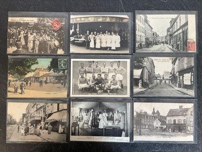 several old black and white photographs of people in a town