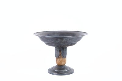 a black vase with a wooden handle on a white background