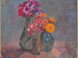 une peinture de fleurs dans un vase sur une table