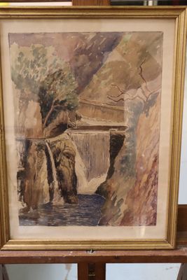 painting of a bridge over a river with a waterfall in the background