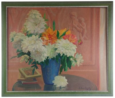 a painting of flowers in a blue vase on a table