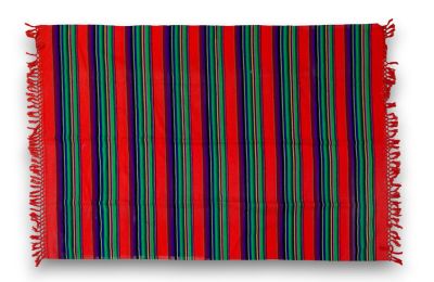a red, green and blue striped rug with fringes