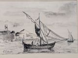 a drawing of a boat in the water with a castle in the background