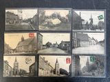 several black and white photographs of old buildings and a church