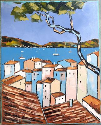 an oil painting of a view of a town with a tree in the foreground