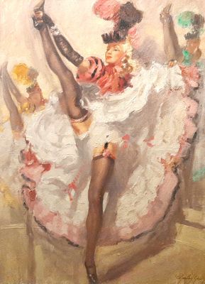 une peinture à l'huile représentant une femme en robe blanche tenant un éventail