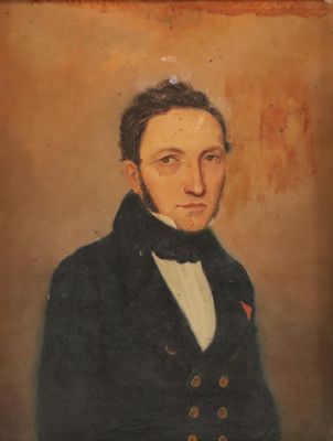 an old painting of a man in a suit and bow tie