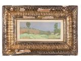 a painting of a landscape in a gold frame on a white background