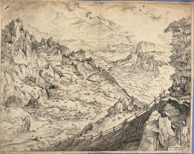 an old drawing of a mountain scene with a man walking on a path