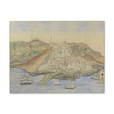 tableau représentant une vue de ville avec des bateaux sur l'eau et une montagne en arrière-plan